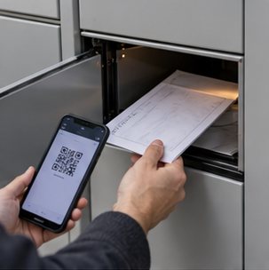 Wizualizacja koncepcyjna: Automat skrytkowy przy instytucji publicznej — geodezja i gospodarka nieruchomościami.