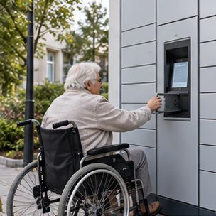 Wizualizacja koncepcyjna: Automat skrytkowy przy instytucji publicznej — odbiór przez pełnomocnika.